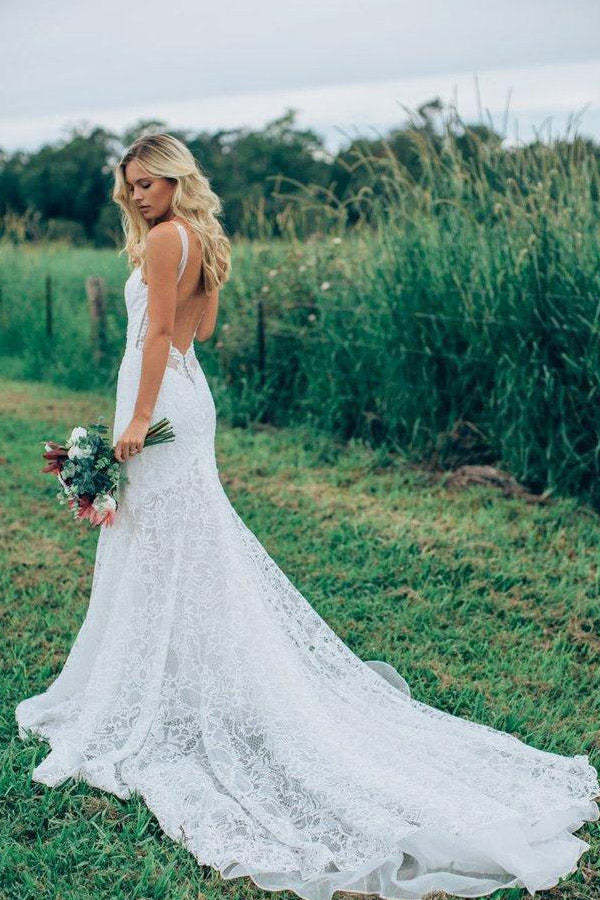 Mermaid Lace Wedding Dress Backless Boho Bridal Gown
