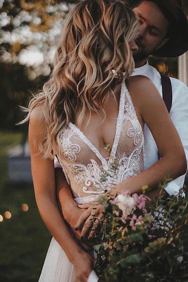 Ivory Tulle Sleeveless Beaded Beach Wedding Dress  WW275 winkbridal