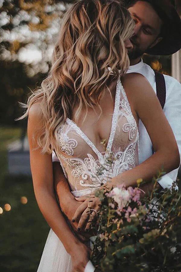 Ivory Tulle Sleeveless Beaded Beach Wedding Dress  WW275 winkbridal