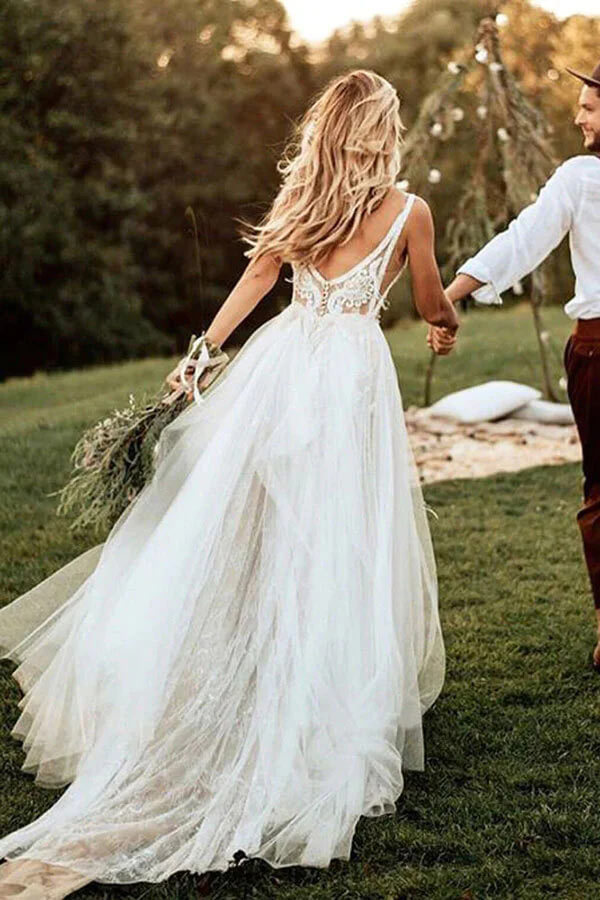 Ivory Tulle Sleeveless Beaded Beach Wedding Dress  WW275 winkbridal