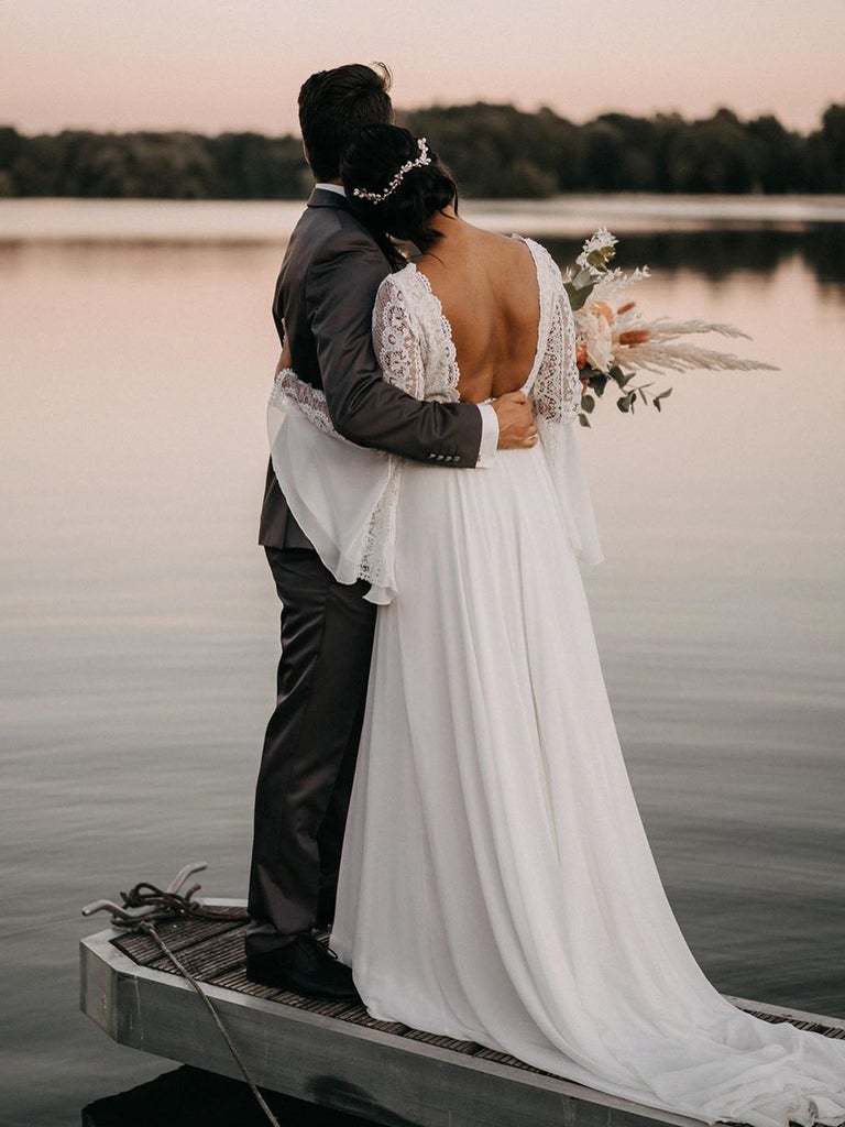 Ivory V Neck Long Sleeve Chiffon Lace Wedding Dress