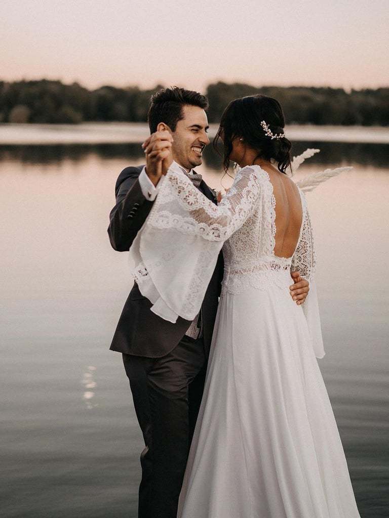 Ivory V Neck Long Sleeve Chiffon Lace Wedding Dress
