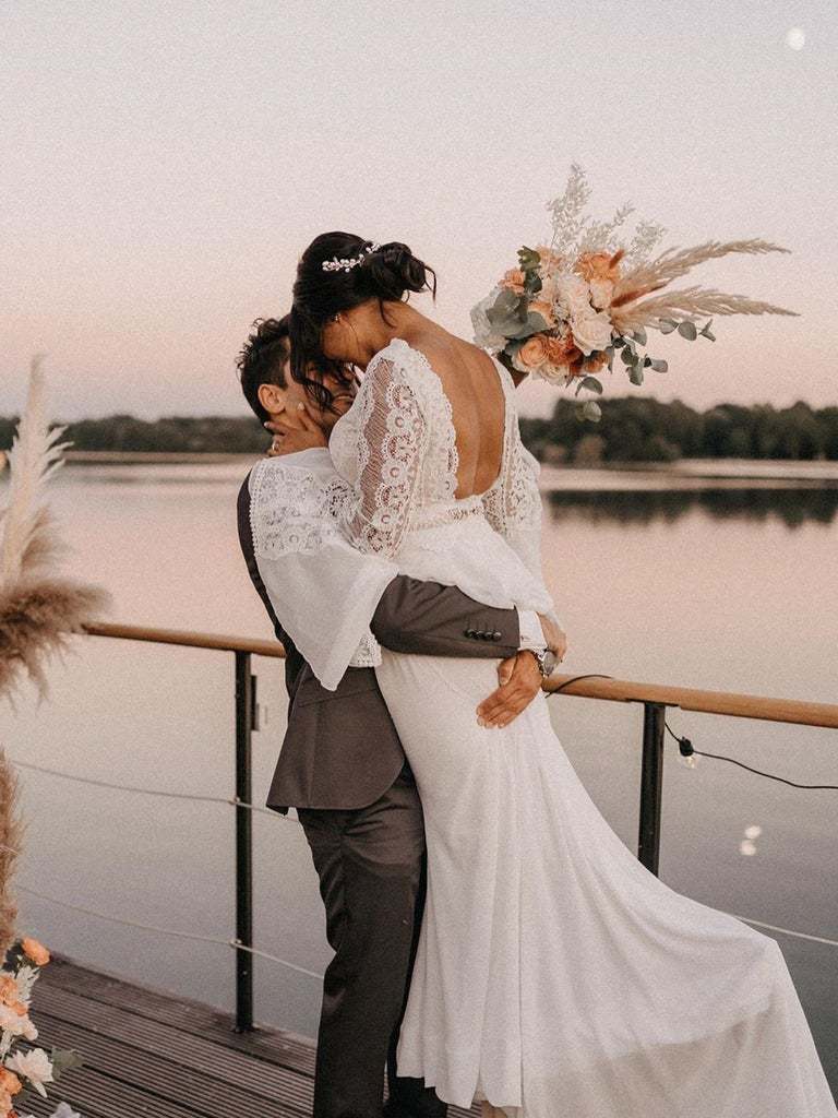 Ivory V Neck Long Sleeve Chiffon Lace Wedding Dress