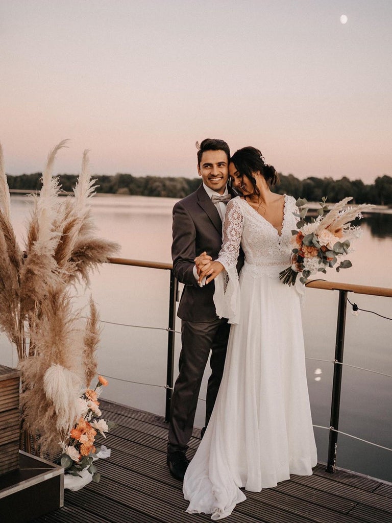 Ivory V Neck Long Sleeve Chiffon Lace Wedding Dress