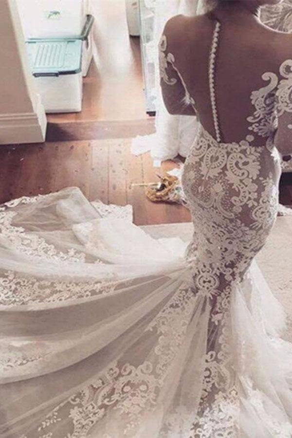 See Through Mermaid Wedding Dress Long Sleeve Lace Bridal Gown