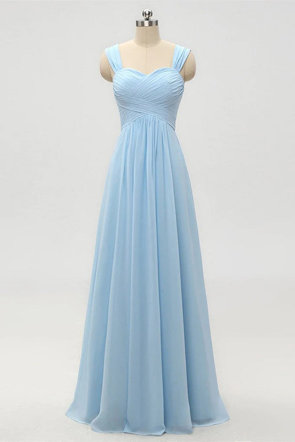 Light Blue A-Line Empire Waist Long Bridesmaid Dress