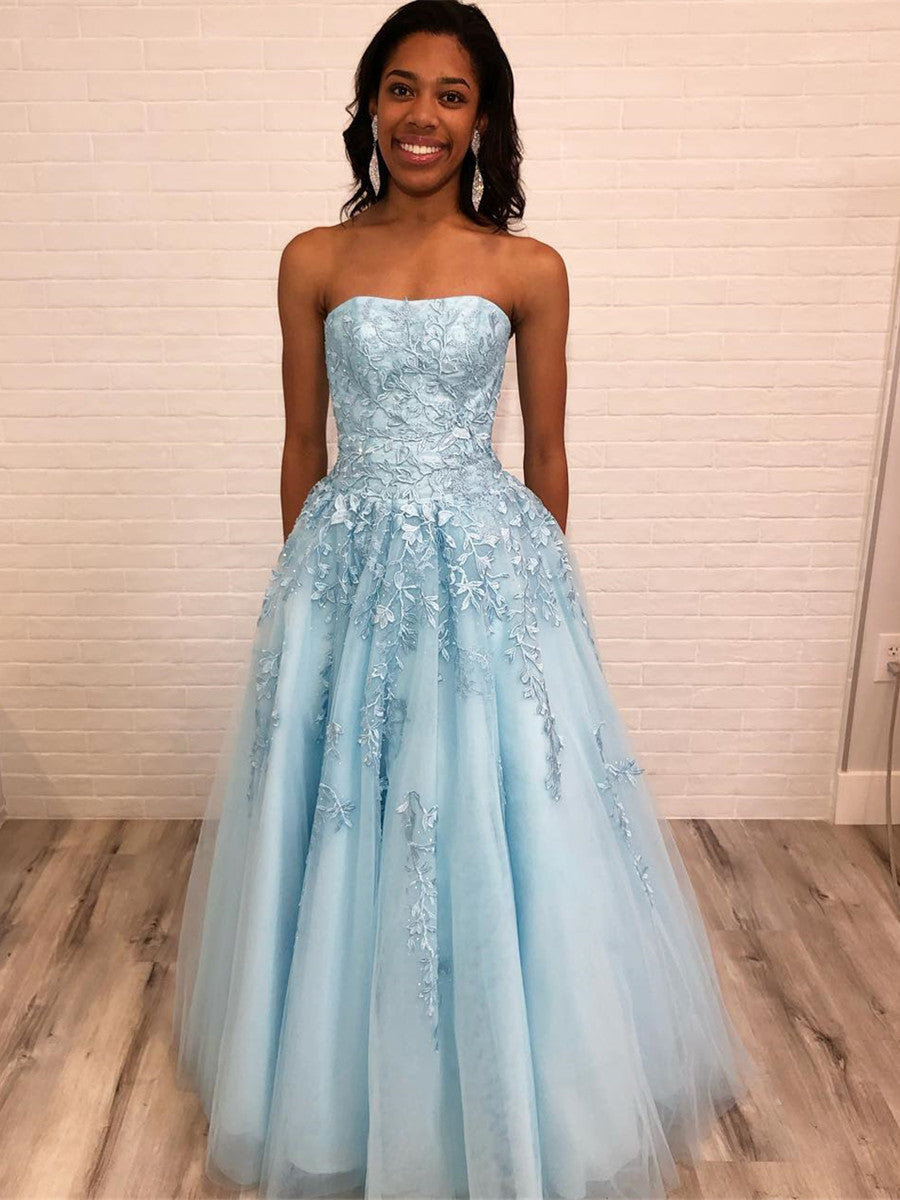 Light Blue A Line Strapless Lace Appliques Long Prom Dresses, Light Blue Lace Formal Dresses, Lace Blue Evening Dresses