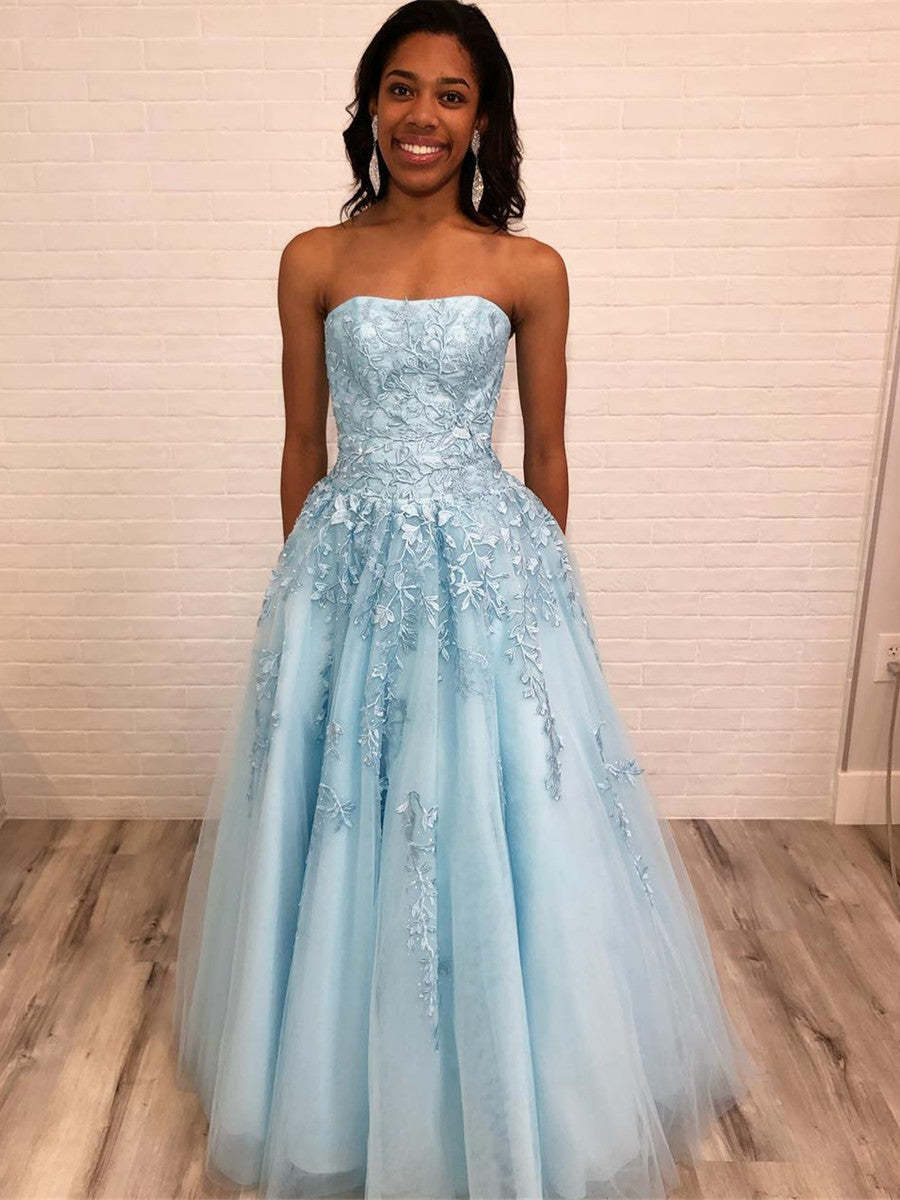 Light Blue A Line Strapless Lace Appliques Long Prom Dresses, Light Blue Lace Formal Dresses, Lace Blue Evening Dresses