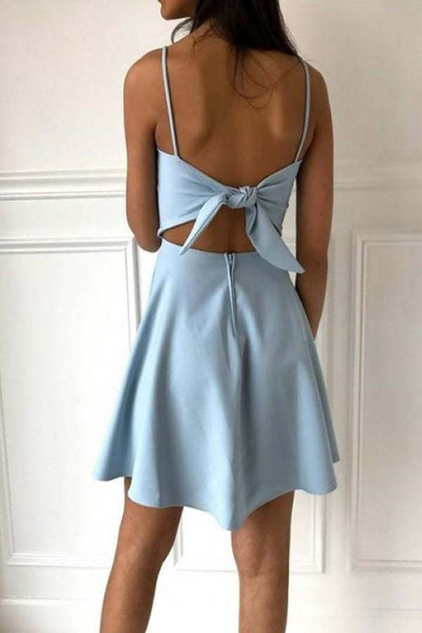 Light Blue Satin Spaghetti Straps Short Homecoming Dress