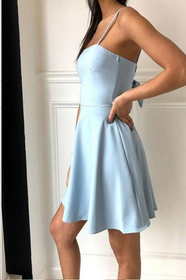 Light Blue Satin Spaghetti Straps Short Homecoming Dress