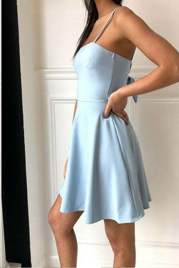 Light Blue Satin Spaghetti Straps Short Homecoming Dress