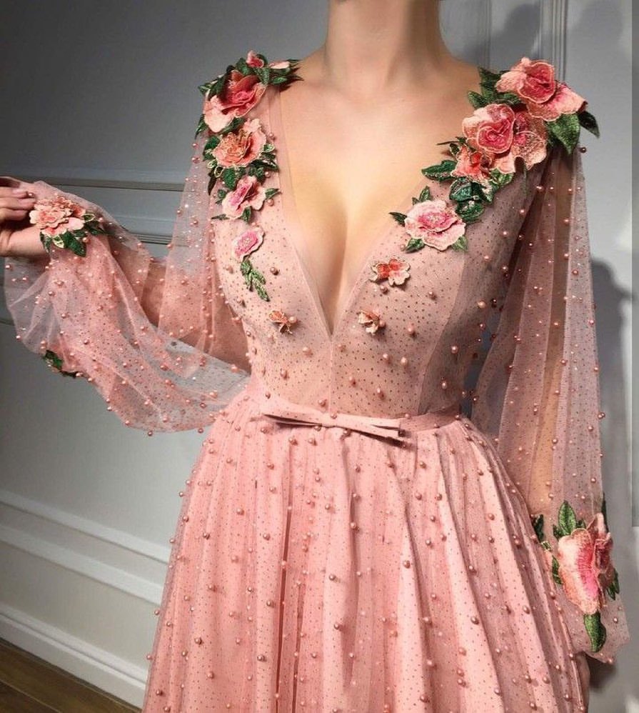 Long Sleeve 3D Floral Long Prom Dress Beaded Party Dress