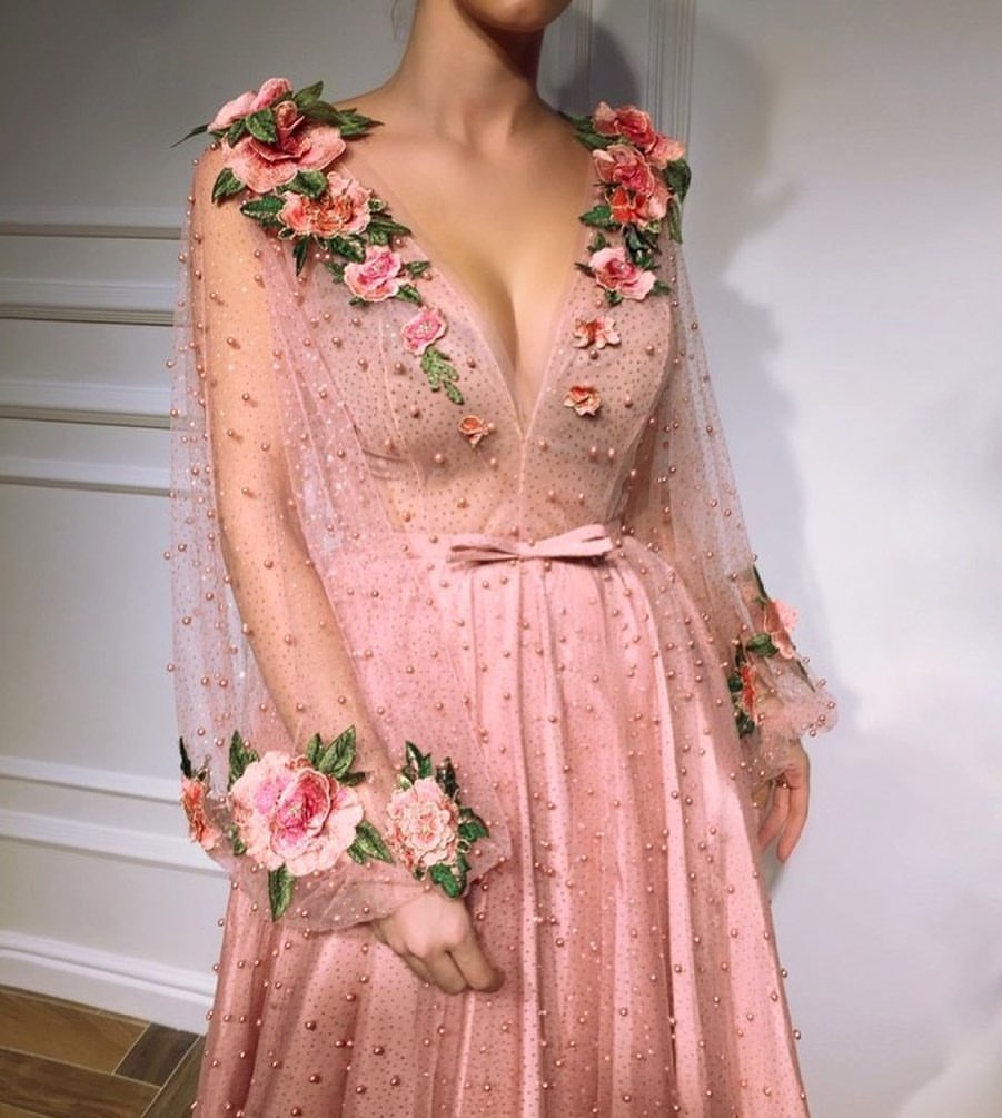 Long Sleeve 3D Floral Long Prom Dress Beaded Party Dress