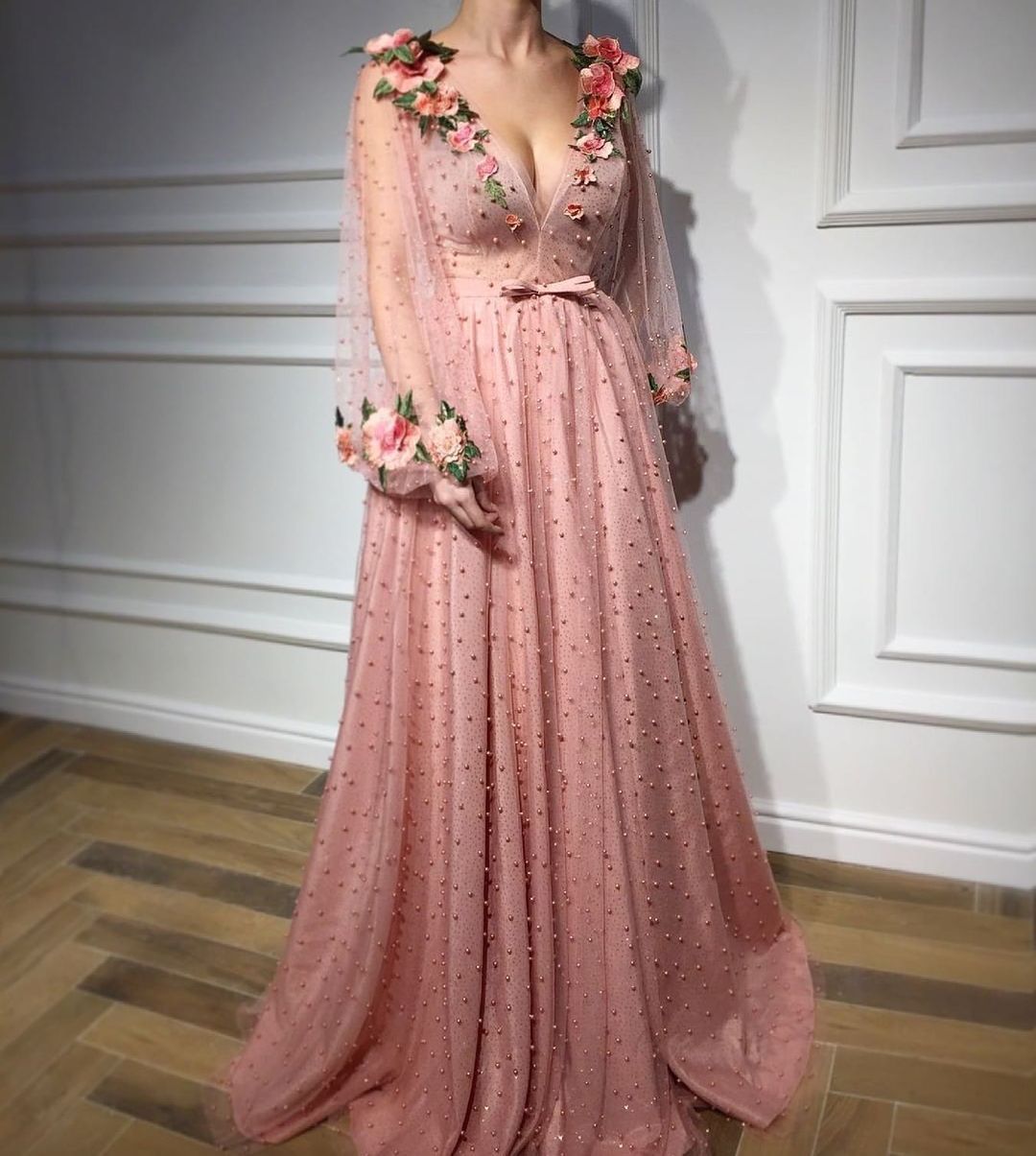 Long Sleeve 3D Floral Long Prom Dress Beaded Party Dress