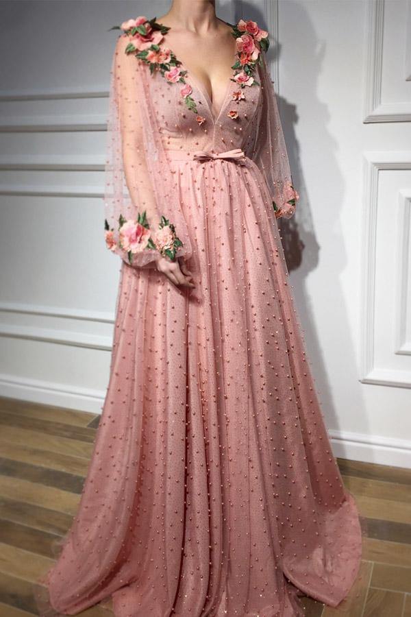 Long Sleeve 3D Floral Long Prom Dress Beaded Party Dress