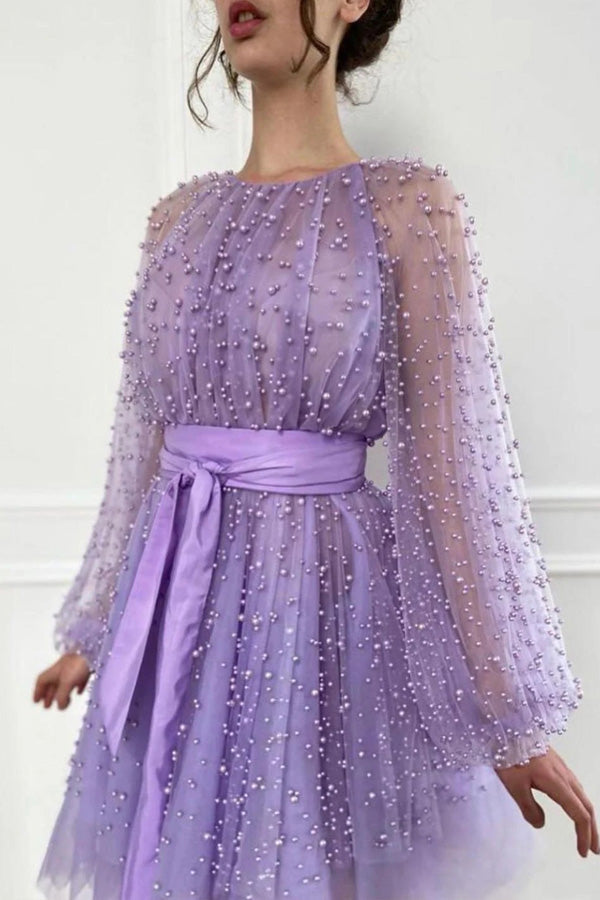 Long Sleeve Beaded Prom Dress Shiny Formal Dress
