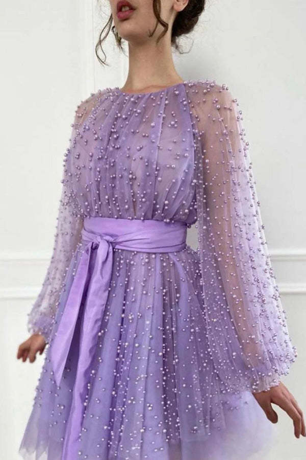 Long Sleeve Beaded Prom Dress Shiny Formal Dress