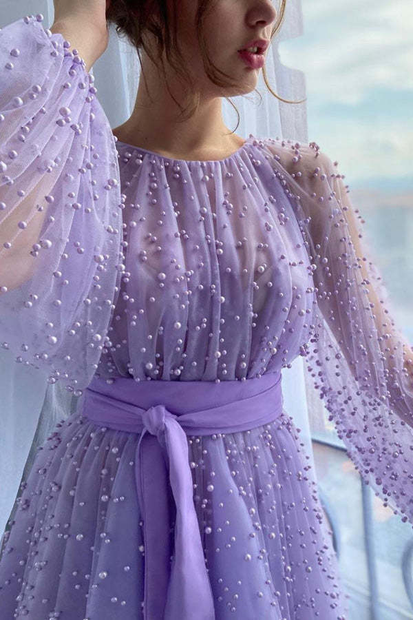 Long Sleeve Beaded Prom Dress Shiny Formal Dress