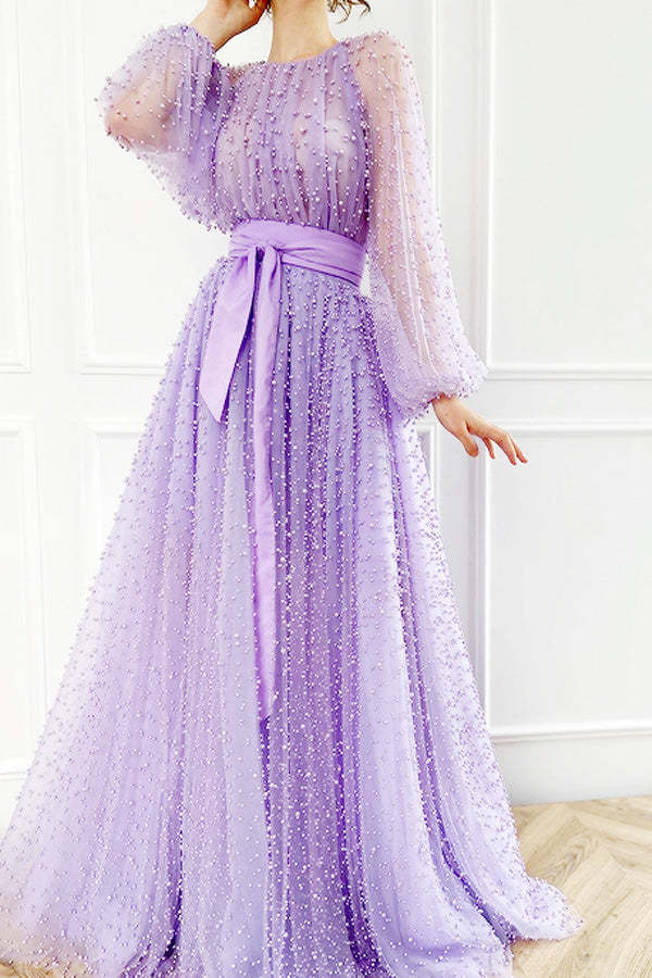 Long Sleeve Beaded Prom Dress Shiny Formal Dress