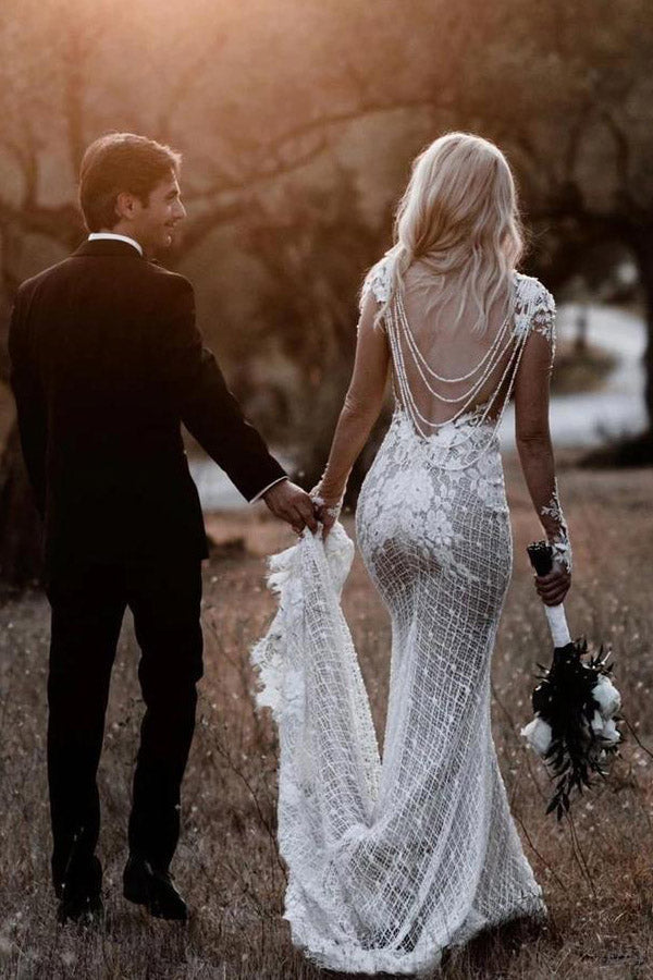 Long Sleeve Illusion Neck Lace Wedding Dress Appliqued Bridal Gown