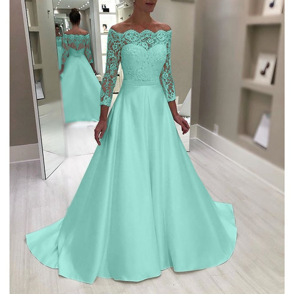 Long Sleeve Illusion Neck Satin Wedding Dress Lace Top Wedding Dress
