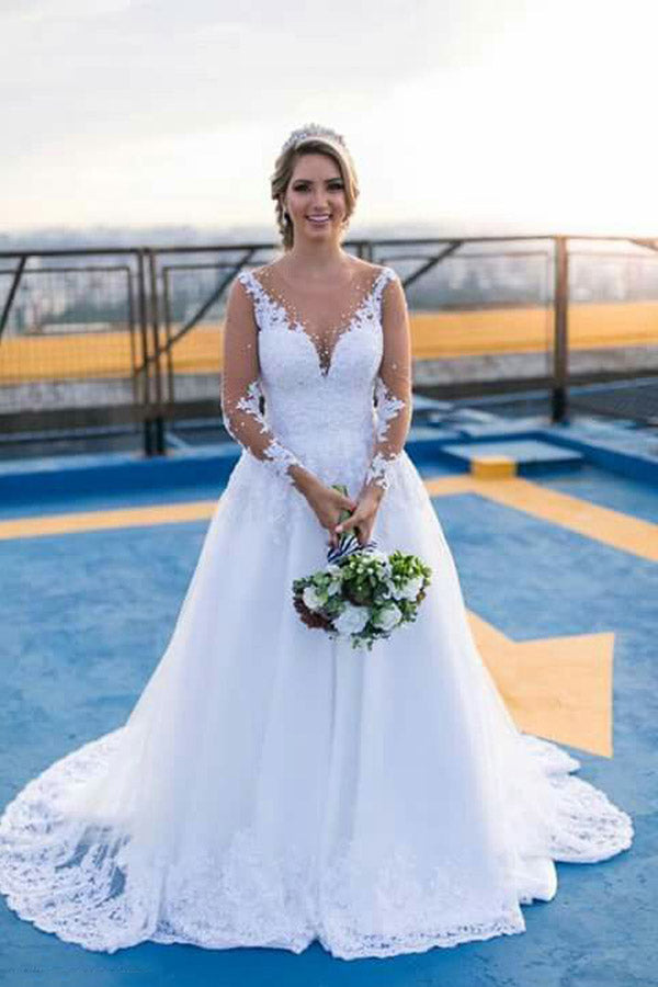 Long Sleeve White Tulle Wedding Dresses With Lace Appliques