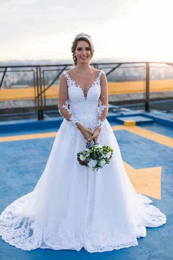 Long Sleeve White Tulle Wedding Dresses With Lace Appliques