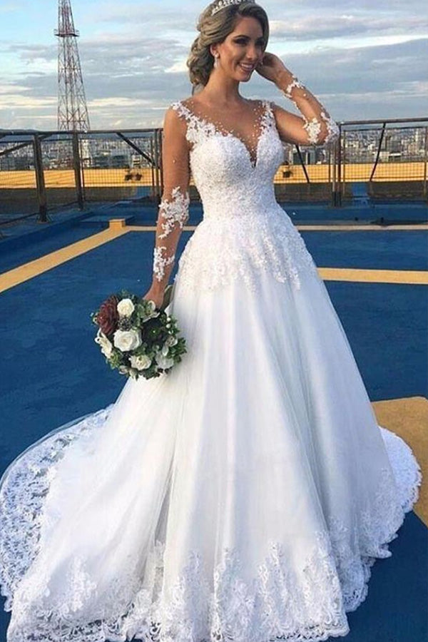 Sheer Sleeve White Tulle Wedding Dress With Lace Appliques
