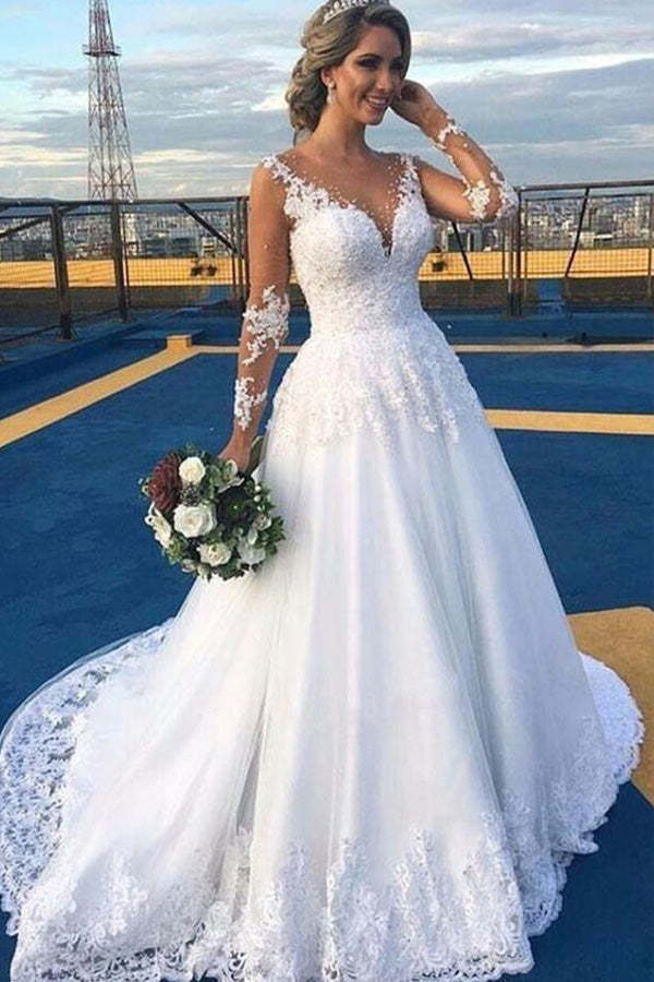 Sheer Sleeve White Tulle Wedding Dress With Lace Appliques