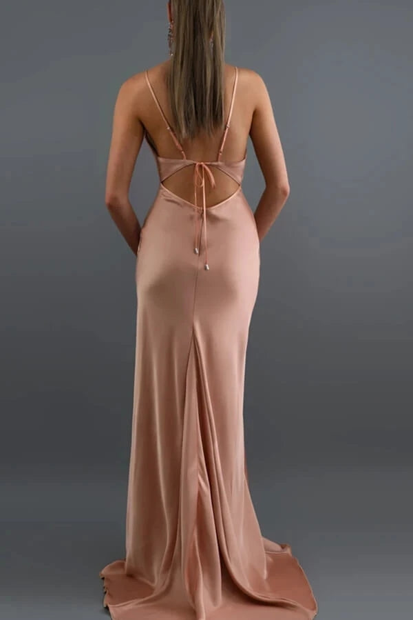 Mermaid Blush Satin Spaghetti Straps Long Prom Dress