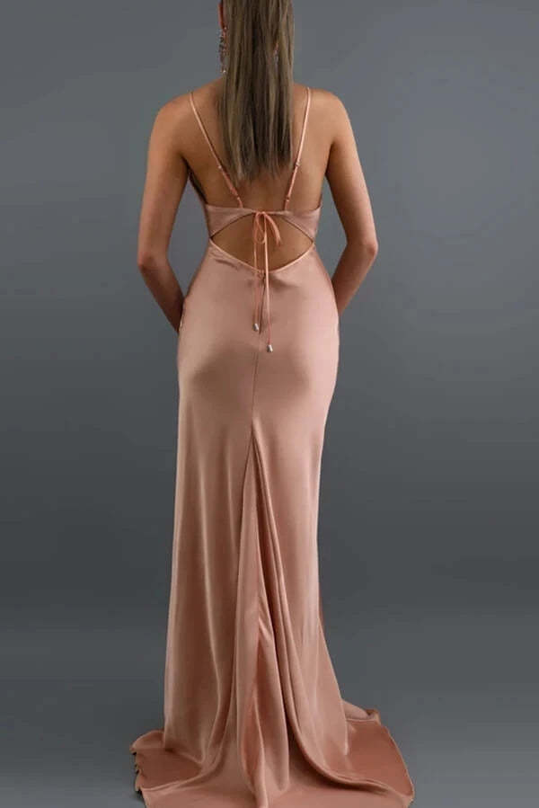 Mermaid Blush Satin Spaghetti Straps Long Prom Dress