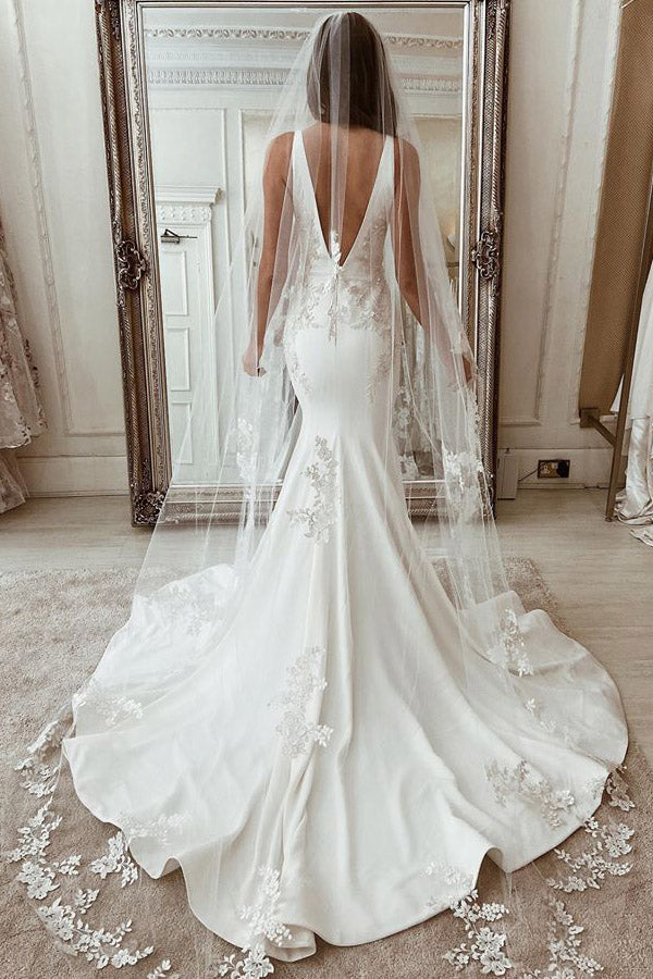 Mermaid Deep V Neck Satin Wedding Dress With Appliques