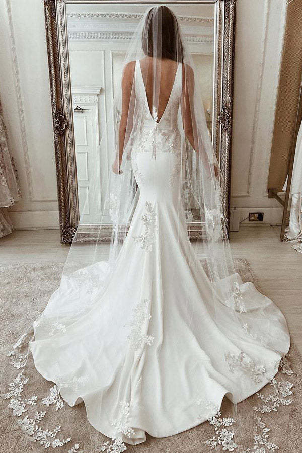 Mermaid Deep V Neck Satin Wedding Dress With Appliques