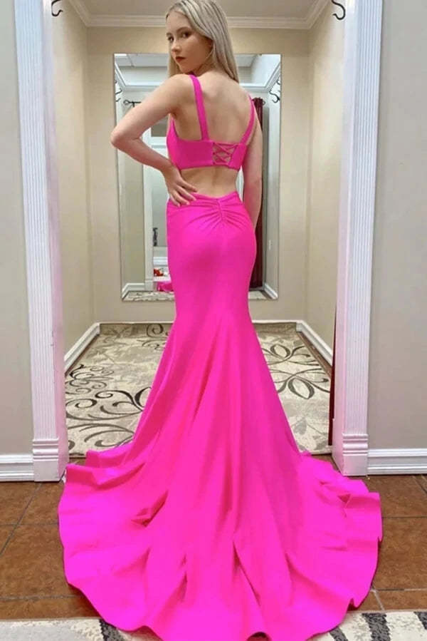 Mermaid Hot Pink Satin Long Prom Dress Evening Dress