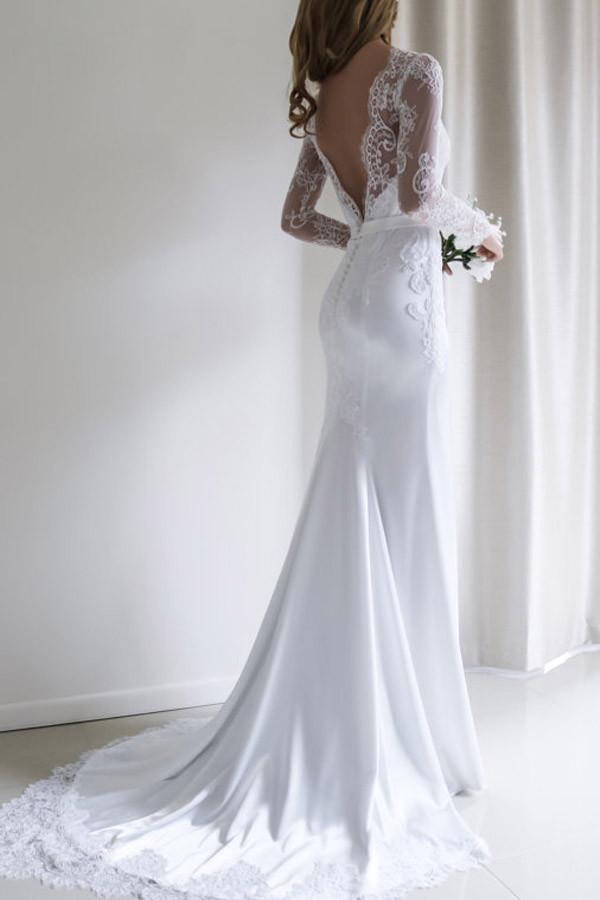 Mermaid Long Sleeve White Lace Wedding Dress Elegant Bridal Gown