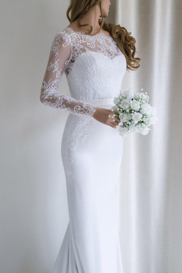 Mermaid Long Sleeve White Lace Wedding Dress Elegant Bridal Gown
