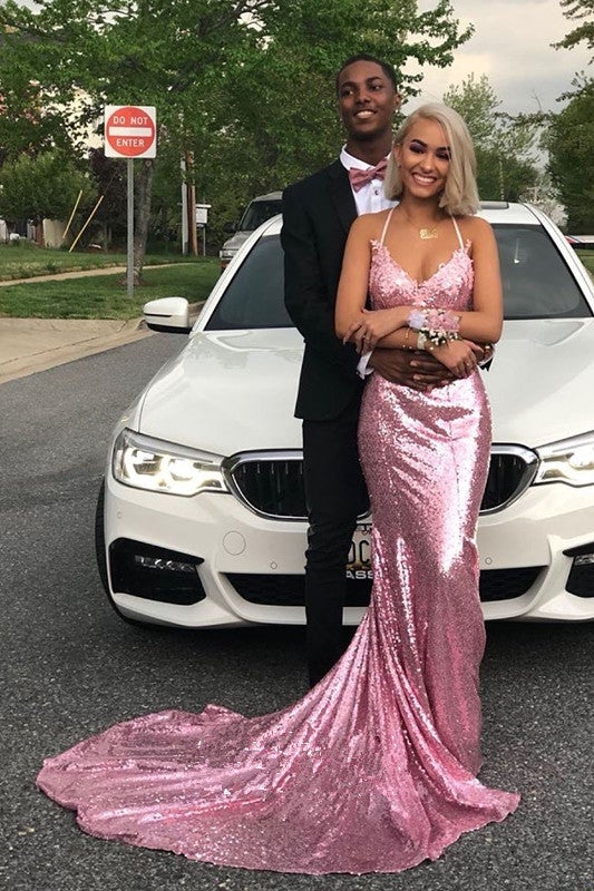Mermaid Rose Gold Sequins Long Prom Dress Straps Evening Dress