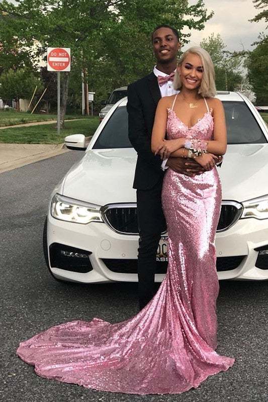 Mermaid Rose Gold Sequins Long Prom Dress Straps Evening Dress