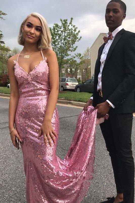 Mermaid Rose Gold Sequins Long Prom Dress Straps Evening Dress