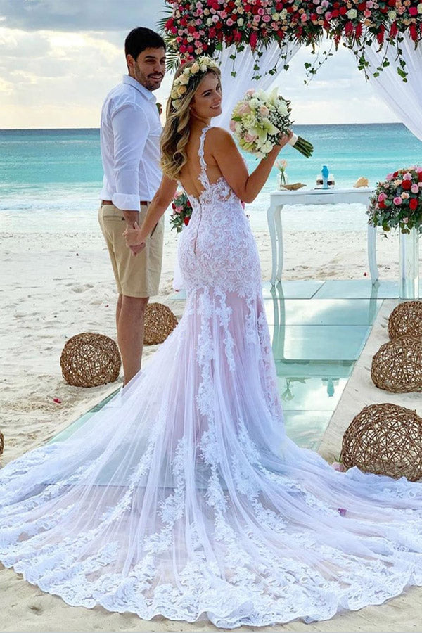 Mermaid Spaghetti Straps Lace Wedding Dress Bridal Gown