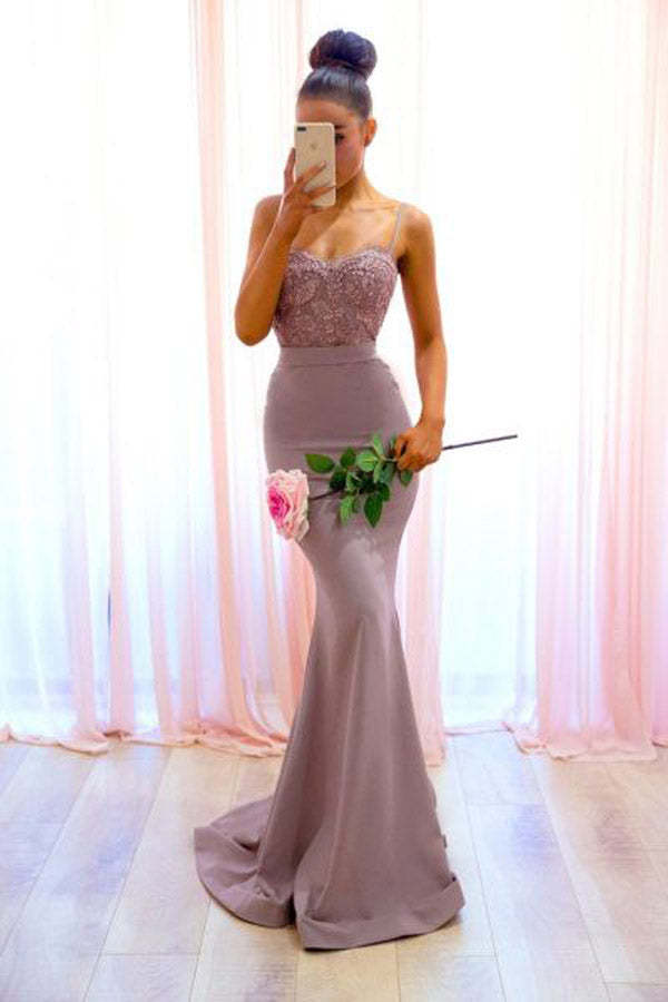 Mermaid Spaghetti Straps Satin Long Prom Dress Lace Top Evening Dress