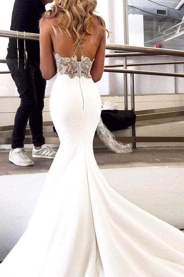 Mermaid Spaghetti Straps Satin Prom Dress With Lace Appliques