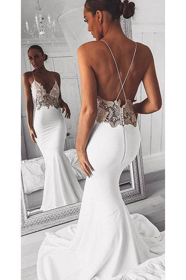 Mermaid Spaghetti Straps Satin Prom Dress With Lace Appliques