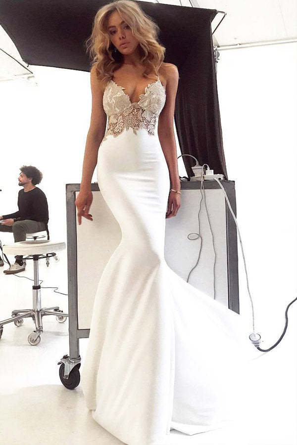 Mermaid Spaghetti Straps Satin Prom Dress With Lace Appliques