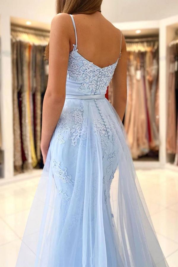 Mermaid Spaghetti Straps Tulle Prom Dress With Lace Applliques