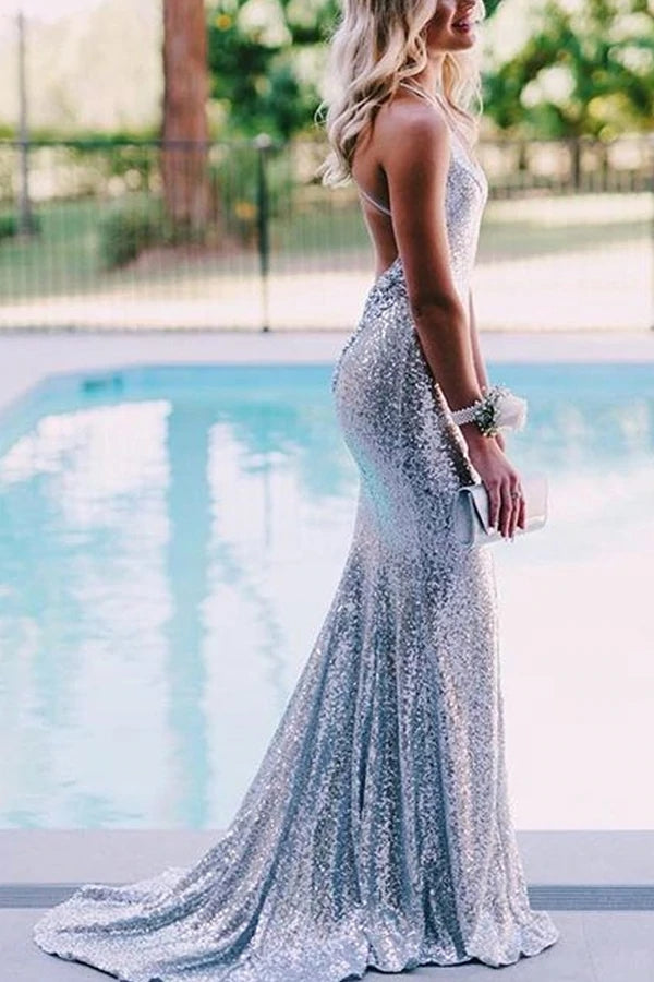 Mermaid Sparkly Sequins Long Prom Dress Backless Evening Dress