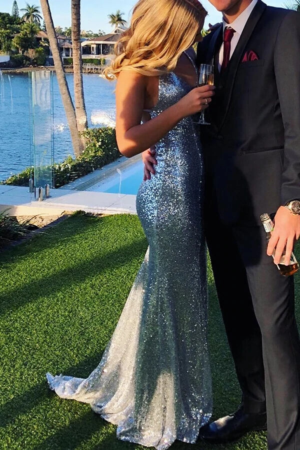 Mermaid Sparkly Sequins Long Prom Dress Backless Evening Dress
