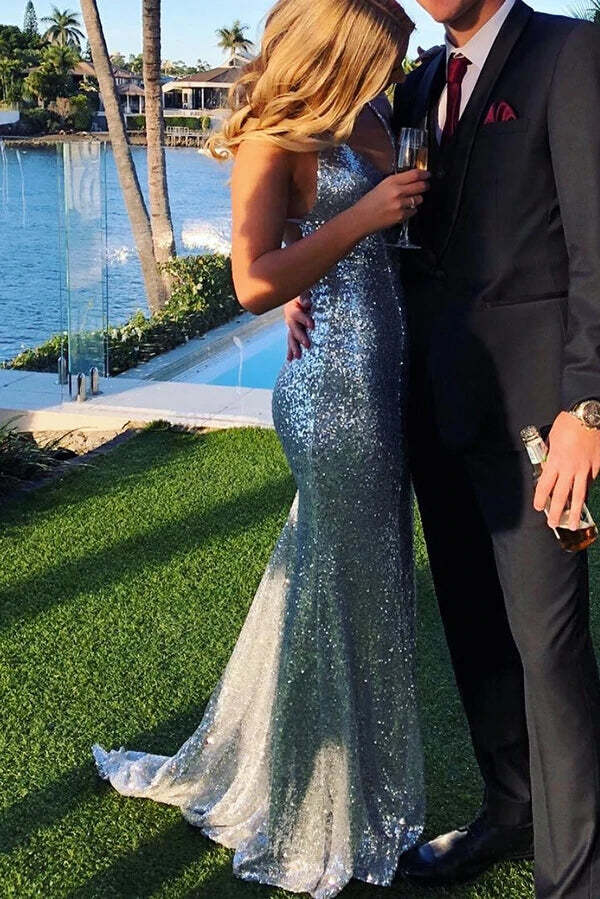 Mermaid Sparkly Sequins Long Prom Dress Backless Evening Dress