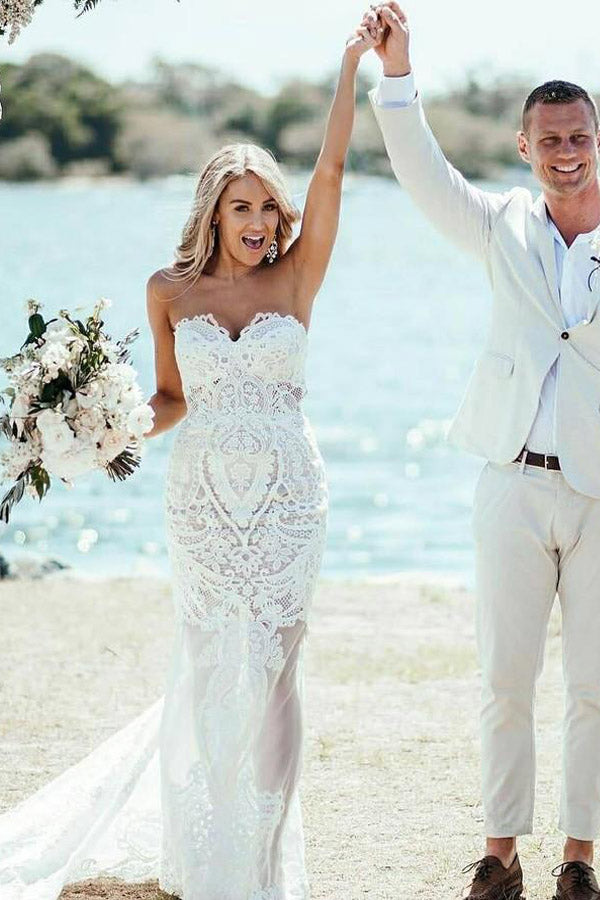 Mermaid Strapless Lace Wedding Dress With Champel Train