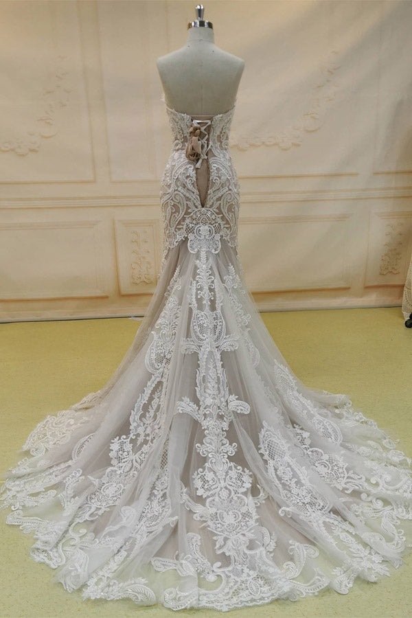 Mermaid Sweetheart Lace Tulle Long Wedding Dress With Champel Train